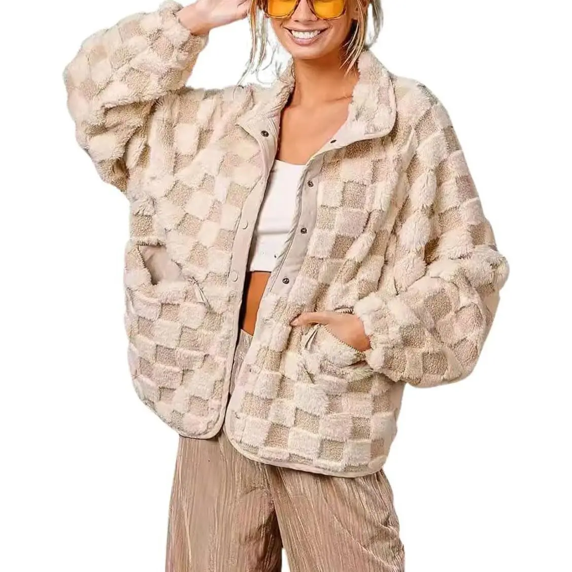 Chouyatou Women's Winter Casual Contrast Plaid Sherpa Button Jacket, Loose Fit Outerwear, Oversized Faux Fur Tops for Street Wear, Long Sleeve,back to school,back to school shopping