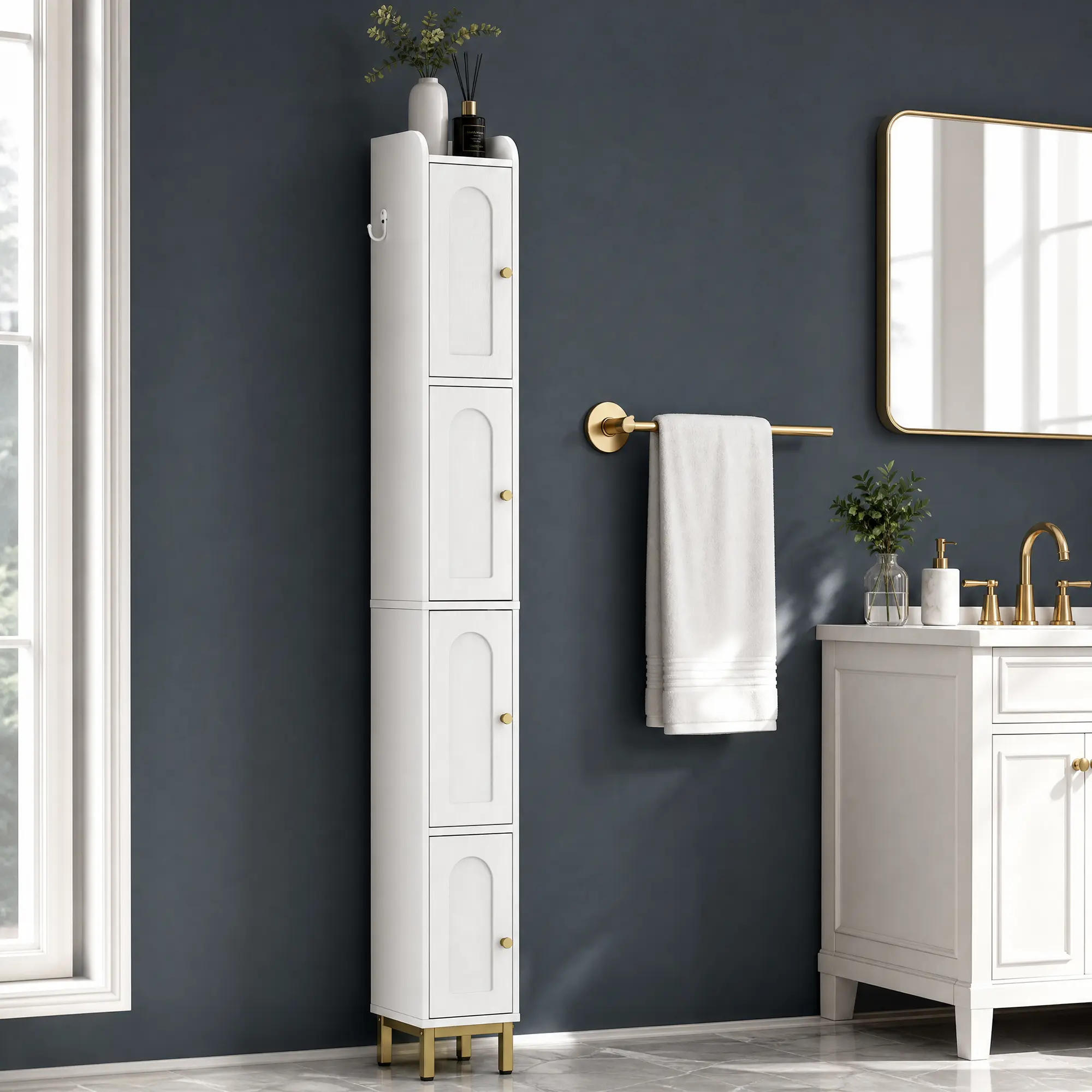 Hzuaneri 4-Tier Narrow Tall Interior Storage Cabinet, 7.9x7.9x70.9" Slim Bathroom Floor Unit with 4 Adjustable Feet, Shelves & Compartments, Space-Saving Organizer for Small Bathrooms, Kitchen, Interior Storage Furniture