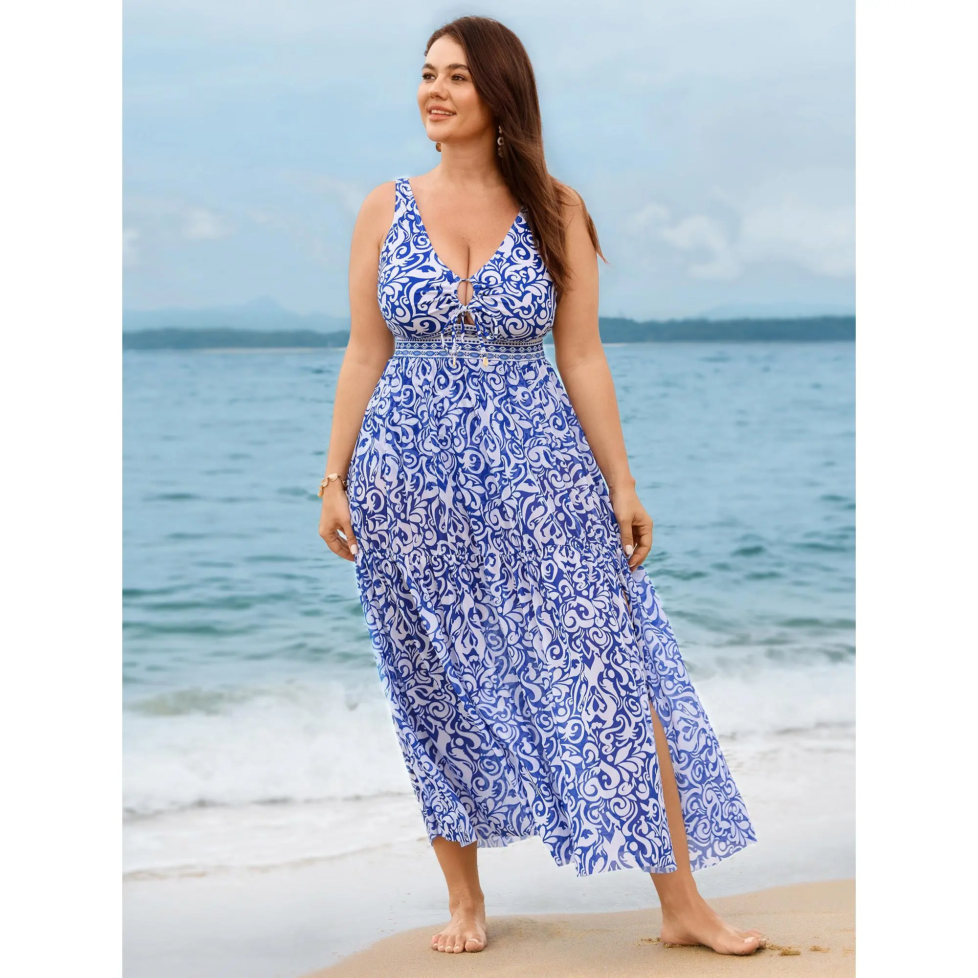 BLOOMCHIC Womens Plus Size Sarong Set Geometric Print Mesh One-Piece Swim [M-6X] Beach Swimsuit Ruffle Cutout Swimdress,Summerfinds