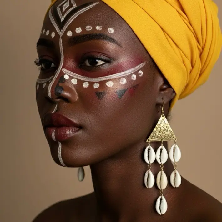 30/ TRIANGLE: 100% handmade natural cowries shell earrings with an accent of Gold brass material.Crafted by west Africans jewelry artisans to boldly standout and celebrate beauty  and heritage in a fashionable way.