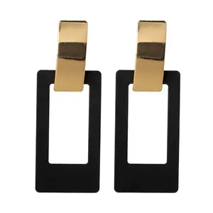 Black Rectangle Clip On Dangling Statement Earrings