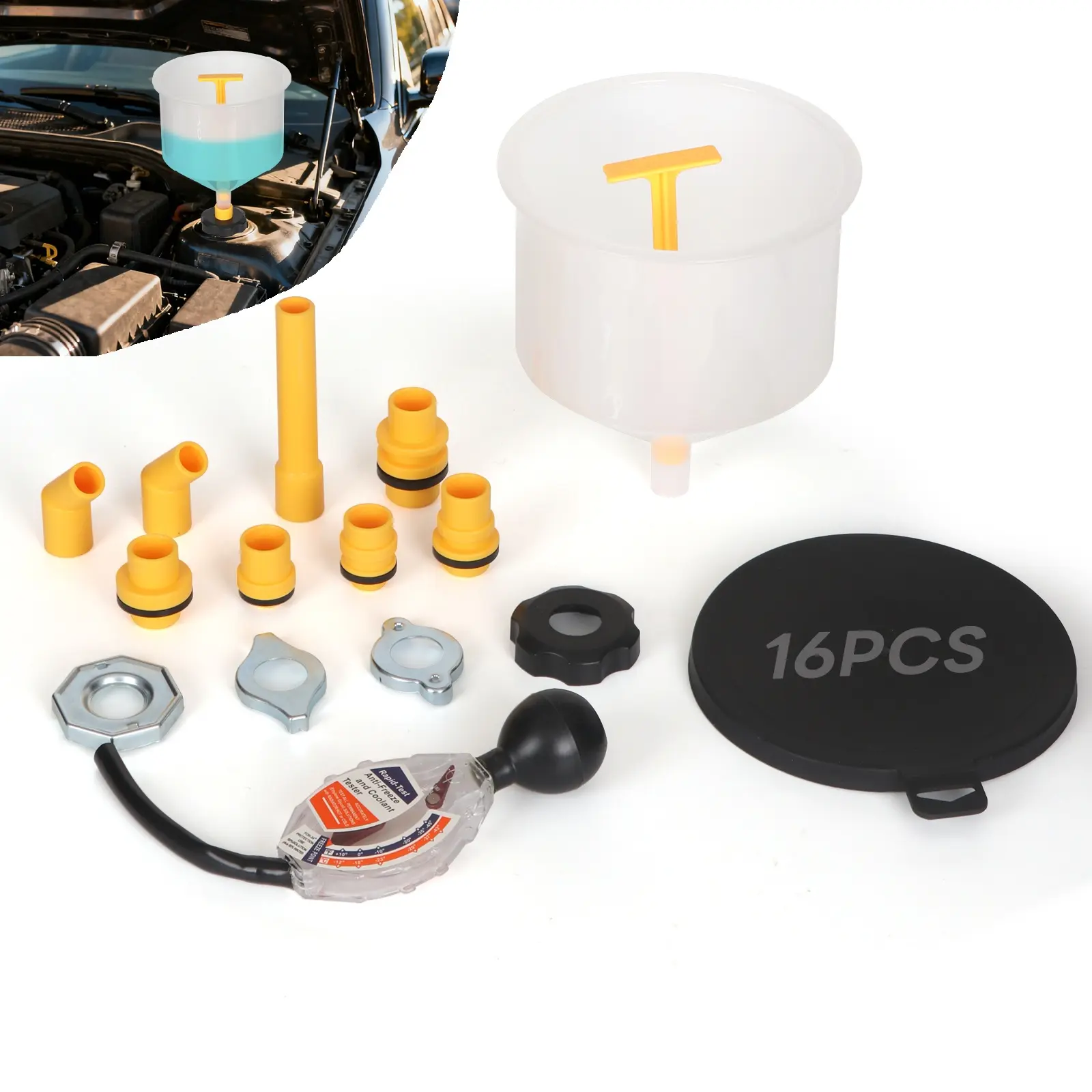 16-Piece Spill-Free Coolant Funnel Kit with Antifreeze Tester - No-Mess Radiator Bleeding & Refill Automotive Tools - Universal Adapters for Ford, GM - Car Winterization Tool for Air Pocket Removal