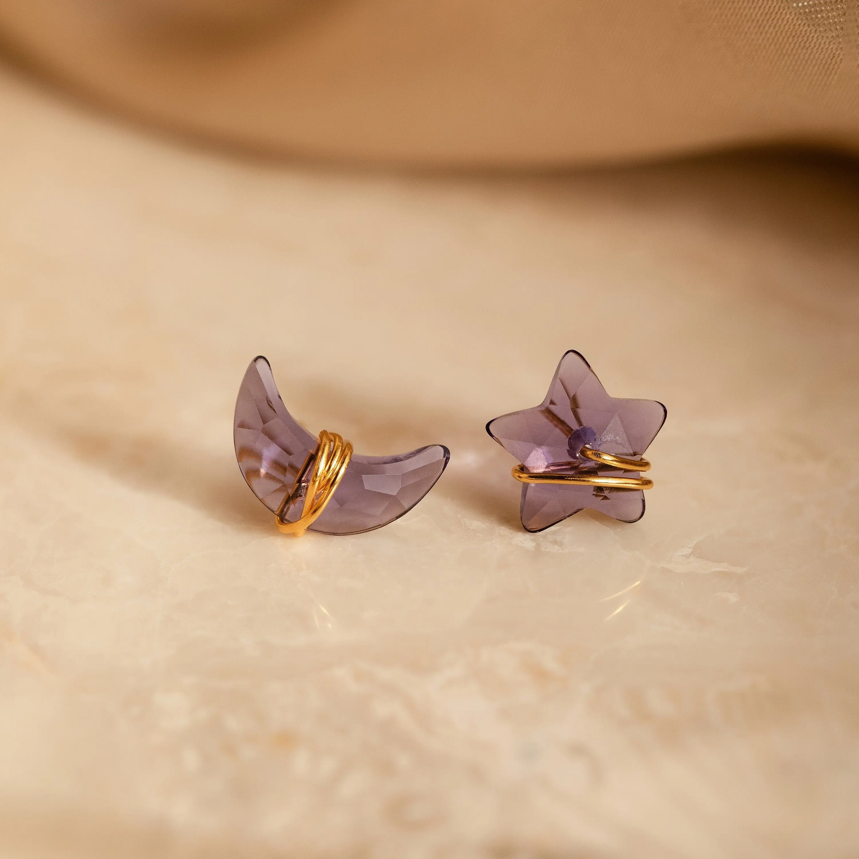 Amethyst Moon & Star Studs by Caitlyn Minimalist - Mismatched Purple Quartz Stud Earrings - Celestial Jewelry - Baby Shower Gift