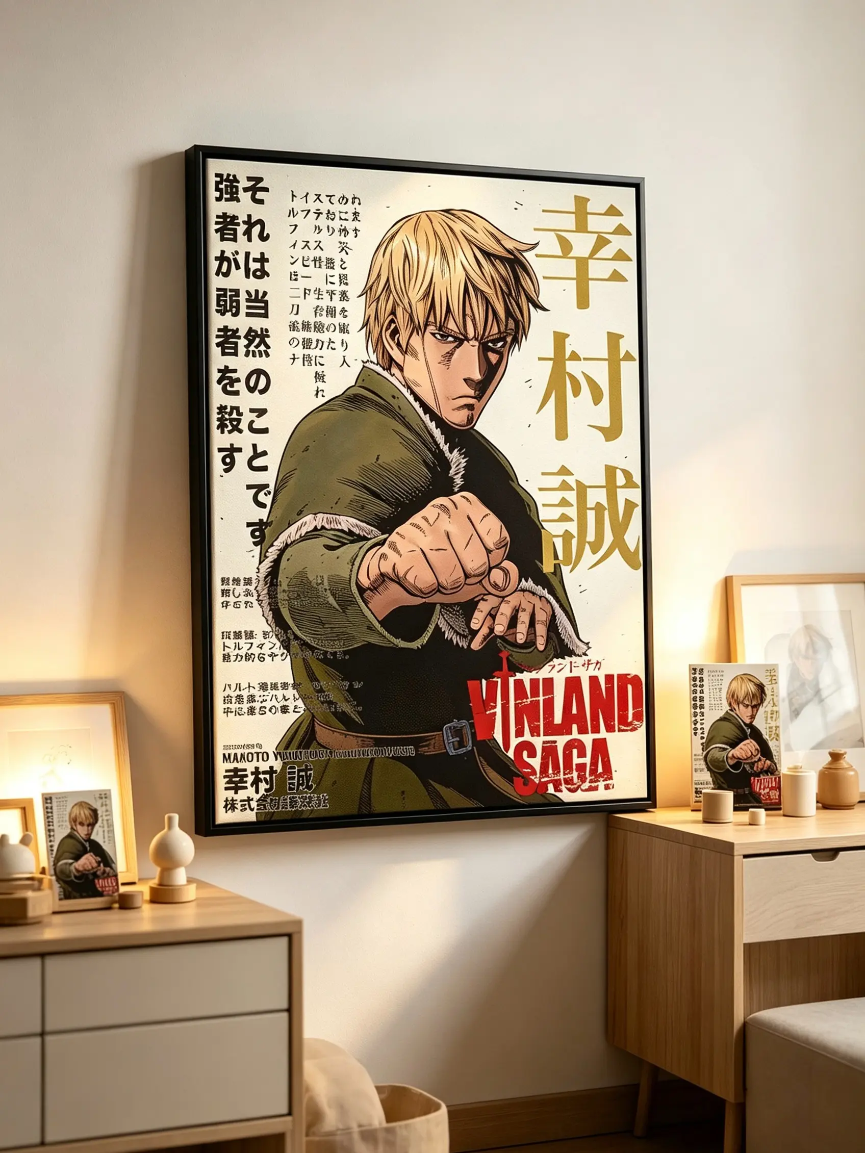 Vinland Saga Thorfinn Framed Canvas Wall Art, Viking Anime Manga Series Print, Japanese Classic Anime Artwork, Ready to Hang Decor for Bedroom Game Room Dorm, Gift for Anime Manga Fans