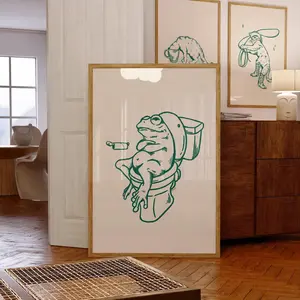 frog on toilet art print | retro frog print | funny bathroom art | green wall art frog | frog print | trendy wall art |
