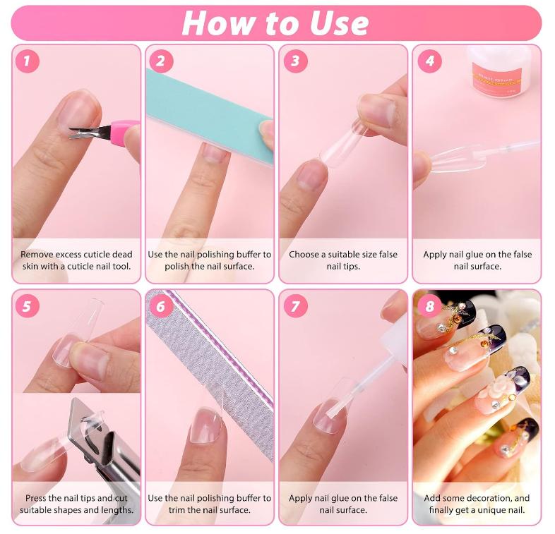 600PCS Clear Coffin Nail Tips Set Qinzave Clear Acrylic Nail Tips with Nail Glue Coffin Nails Full Cover with Nail Display Stand, Cuticle Nail Pusher Remover, Nail Files Buffer