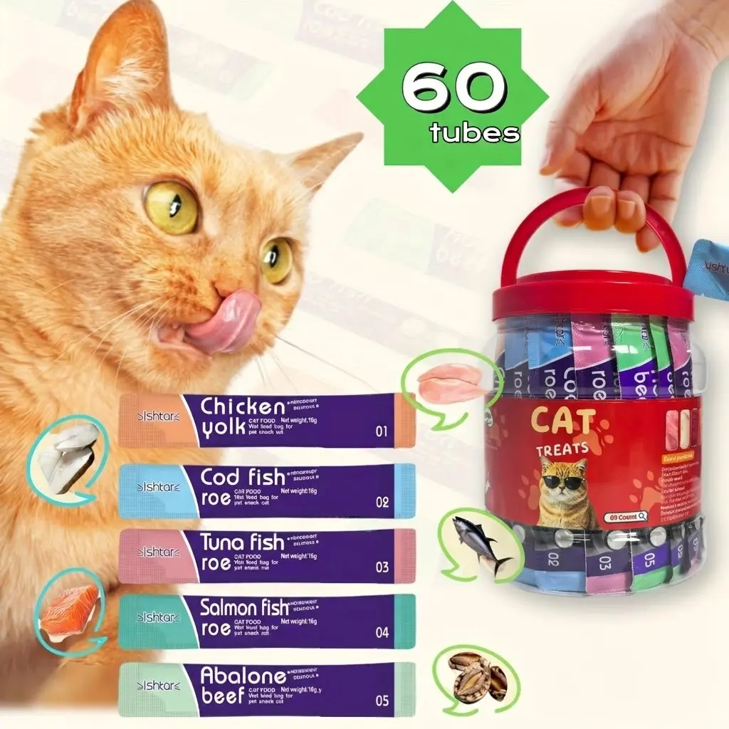 Mewno Grain-Free Lickable Squeezable Wet Cat Treats Variety Pack - 60 Tubes (0.52 oz Each) Made with Chicken, Chicken Yolk, Salmon, Salmon Roe, Cod, Abalone, Beef, Tuna Creamy Puree for All Ages, Picky Eaters Cats, Made With Chicken Wet
