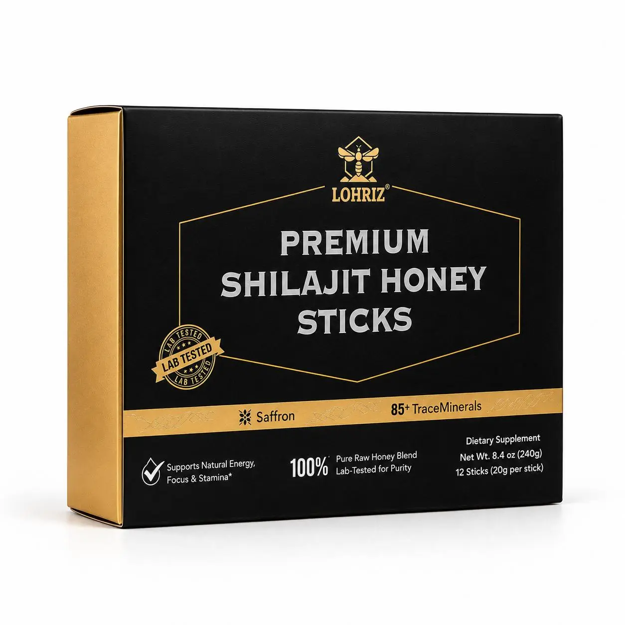 LOHRIZ Premium Shilajit Honey Blend Herbals - Natural Ginseng, Maca, Black Ginger Supplements, 20g Honey Packet Daily Wellness Sticks (12 Pieces) for Adults' Energy Boost, Natural Extracts
