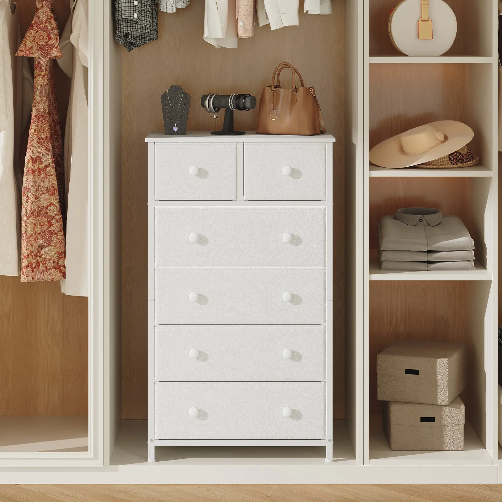 【NEW】Somdot Drawer Dresser Organizer Storage Drawers Fabric Storage Tower with 6 Drawers, Large Capacity with Round Knobs,Chest of Drawers with Fabric Bins, Steel Frame, Wood Top