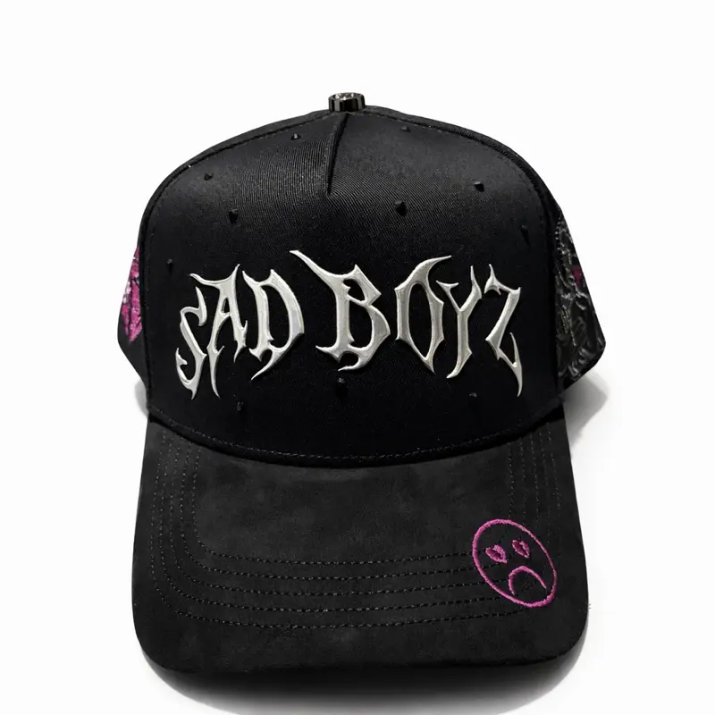 Sad Boys Ninety Hats - Black Suede brim,with Pink Embroidered Tear Drop Design and Silver Embroidered Logo