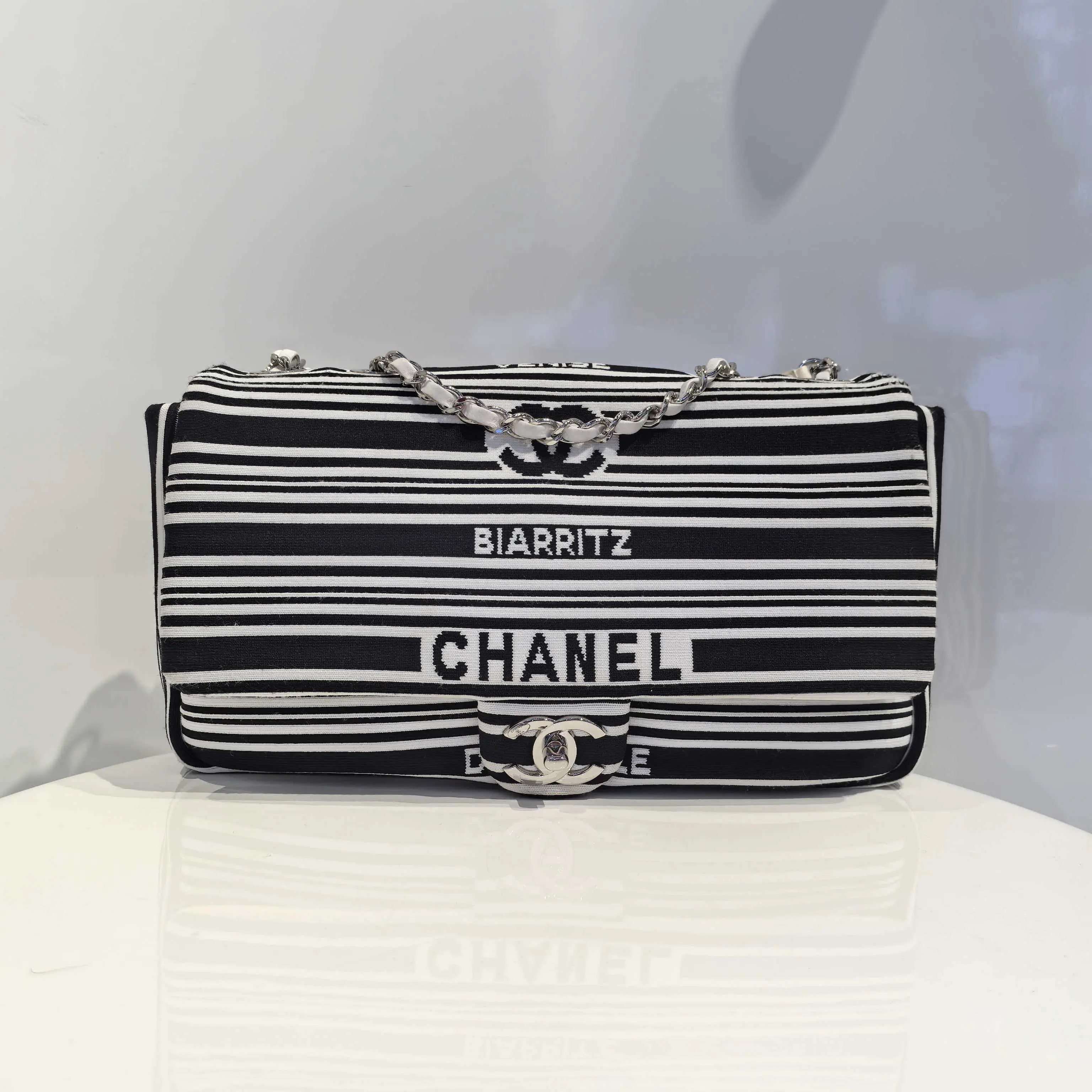 Pre-owned Chanel Biarritz Limited Edition Classic Flap (CF) Striped Bag with Nautical Black & White Thick Thin Stripes and Classic Leather Interlaced Chain