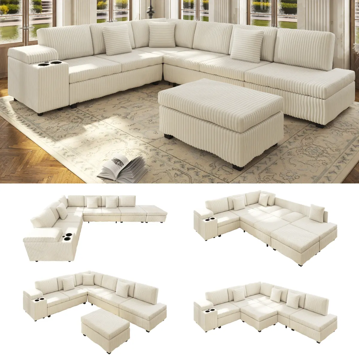 Aobtkel 110.2" Wx90.5" D L-Shape Sectional Sofa Set, Ribbed Texture Plush Corduroy Convertible Sleeper with Removable Ottoman, Hidden Armrest Storage, USB Ports, Cup Holders for Living Room (Black) seater boneless bed small space couch bed viral modular,