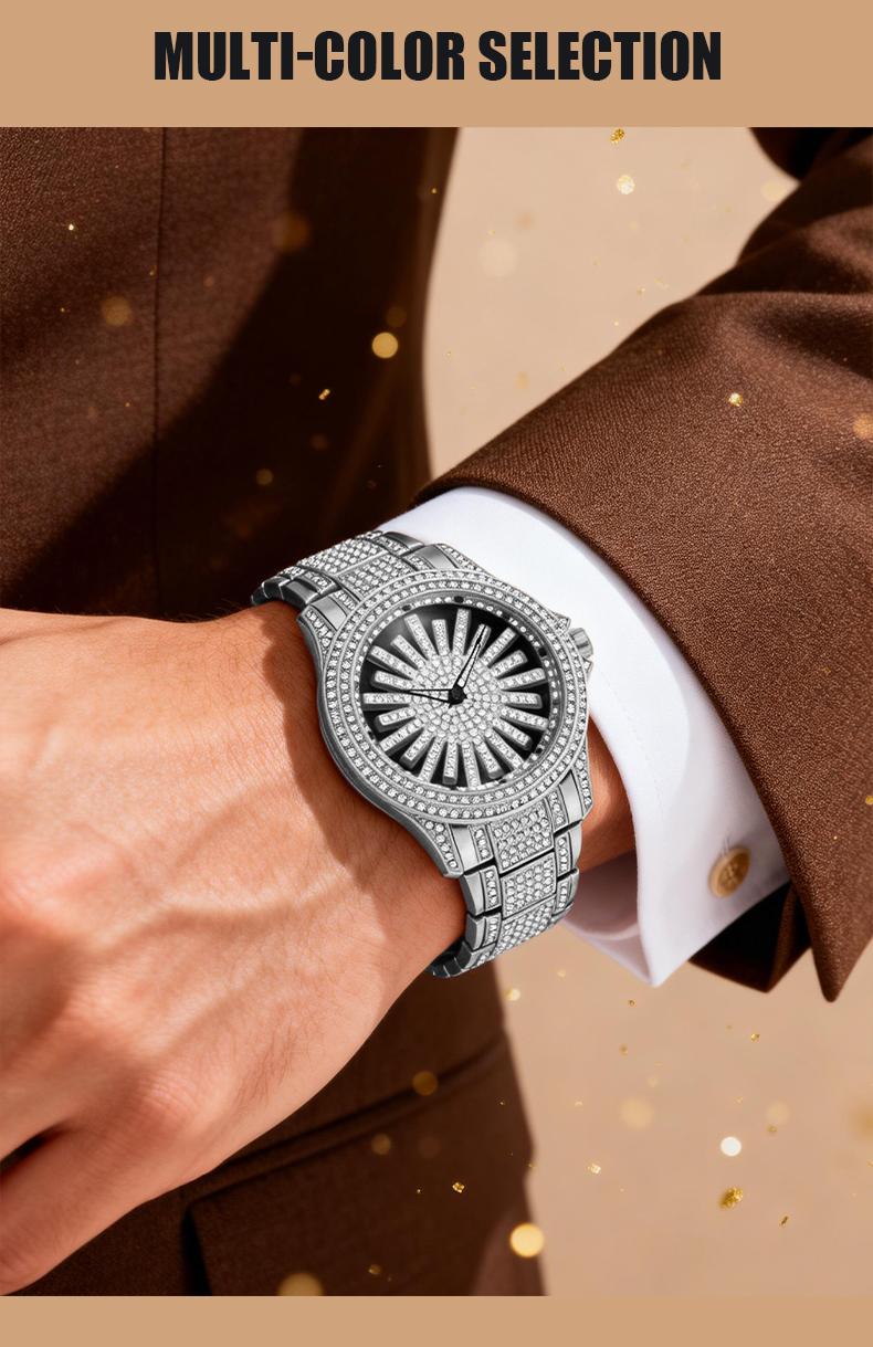 Men's Diamond - Encrusted Gold Watch, Business Quartz Chronograph with RotatingDiamond Dial, Sparkling Effect, WaterResistant, Party Daily Wear Birthday Gift (With Box)