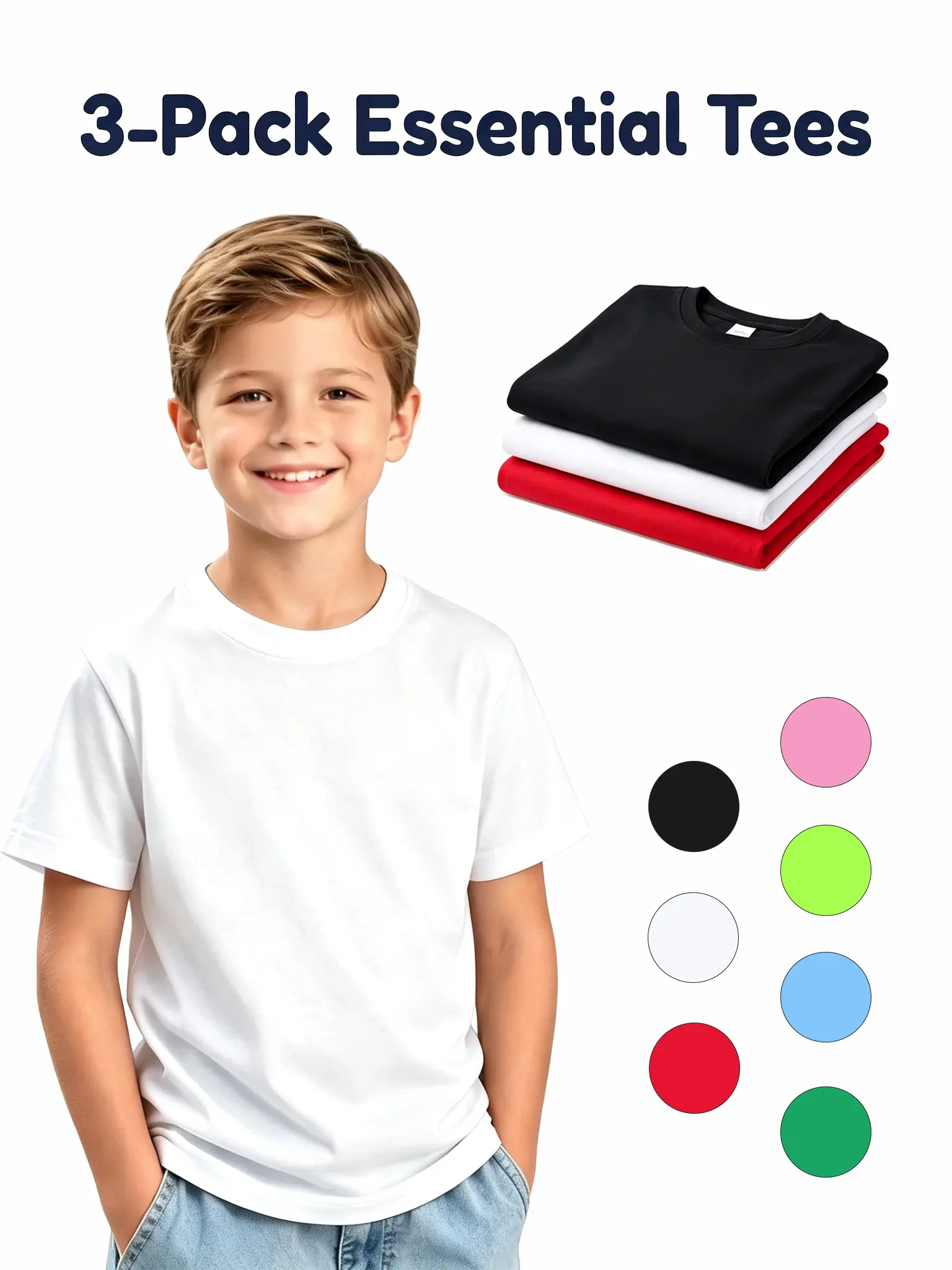 Kids' 3-Pack Basic T-Shirts, Solid Color Quick-Drying Polyester Round Neck Tops for Boys & Girls Daily Casual Wear & Running, Fitness, Kids Clothing Boys, 10 - 11 Years