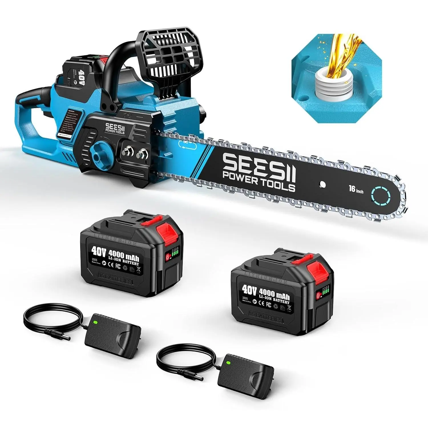 SEESII Chainsaw Cordless 12/16-inch, Electric HandHeld Chain Saw, 12/16-in Portable Chainsaw Battery Powered Saws for Trees Wood Cutting, 2 x 4.0Ah Battery and Charger Included M16 Ace CS16