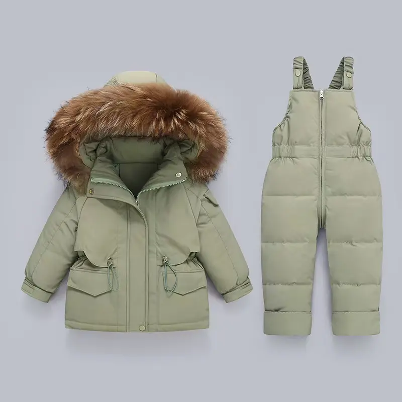Kids' Windproof Drop Shoulder Snow Suit, Thick Hooded 2-Piece Plain Polyester Set for Winter Skiing (0-4Y), Ski Outfit, Long