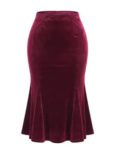 INSPIRE CHIC Vintage Retro Elastic Waist Velvet Fishtail Mermaid Bodycon Skirt Red