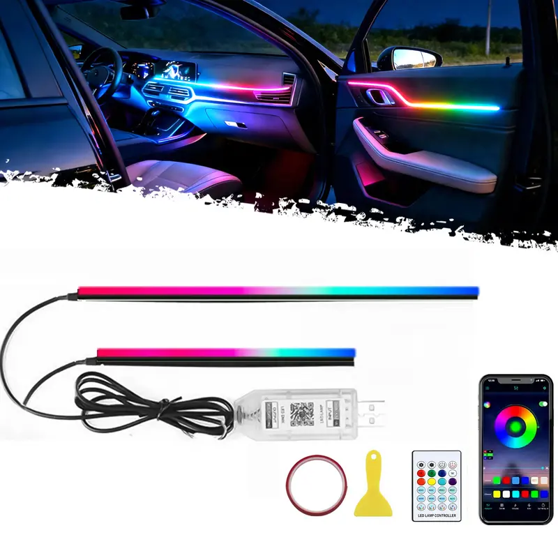 DIBMS APP Controlled RGB Car Interior Light strip,43.3 Inches Acrylic Auto Ambient Lighting Kit with Dreamcolor Chasing, Center Console Dashboard Lamps with APP Remote Control, Universal model, tape installation or embedded