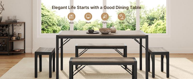 Gizoon Dining Room Table Set for 2/4/6, Kitchen Table with 2/4 Benches and 2/4 Stools, Dining Table Set with Metal Frame, Space-Saving Kitchen Table Set for Apartment, Grey