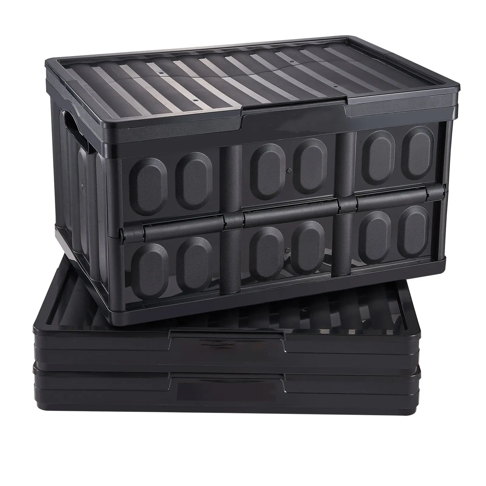 3-Pcs 45L Collapsible Storage Bins with Lids – Heavy-Duty Folding Plastic Stackable Crates with Handles, Ideal for Clothes, Toys, Books & Grocery Organizing Box Boxes