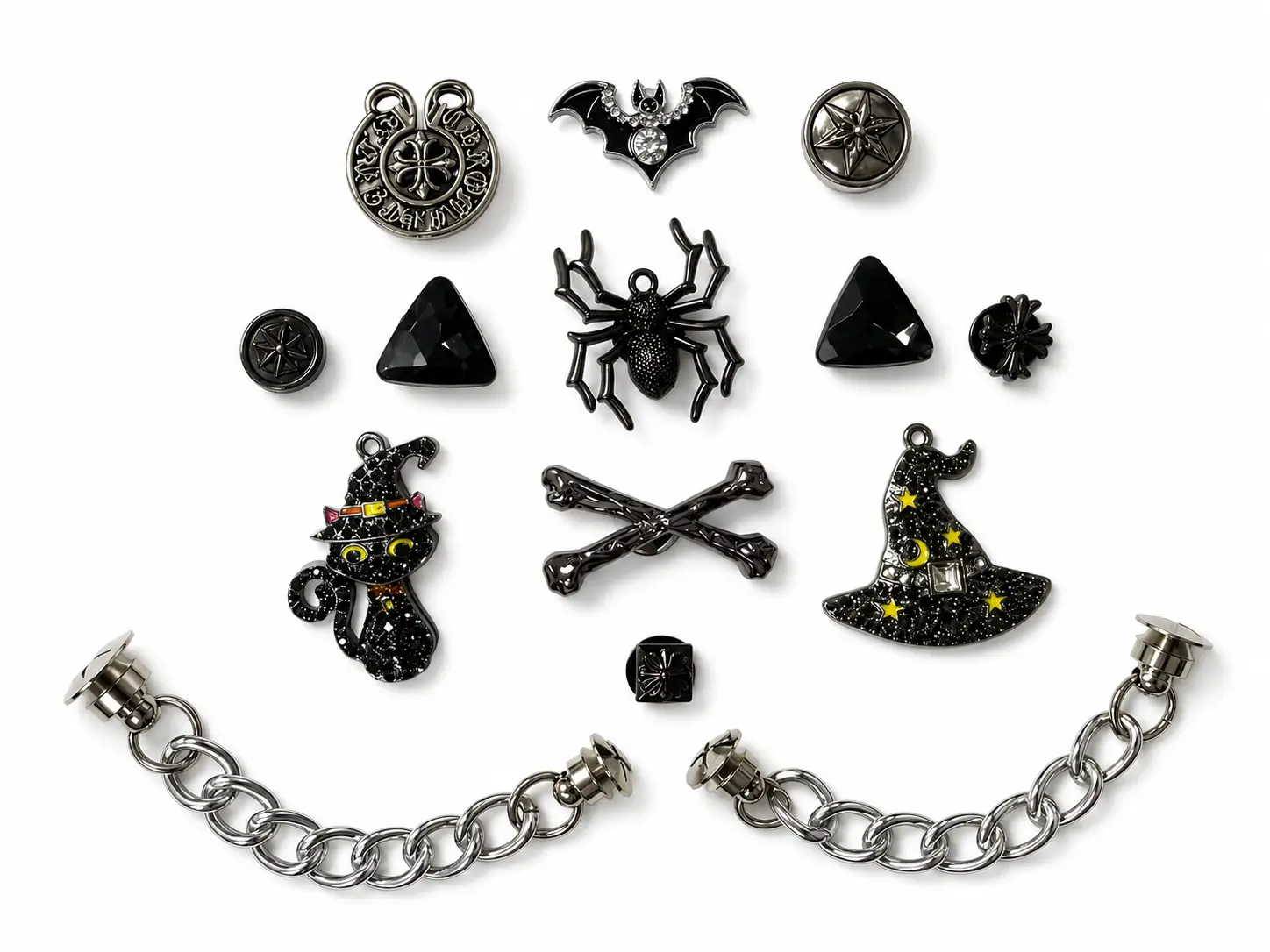 14PCS Gothic Metal Clog Decor Charms Set - 2 Silver Chains, Bat, Spider, Witch Cat, Hat, Black Gem Charms for Clogs, Party Use, Metal Charms