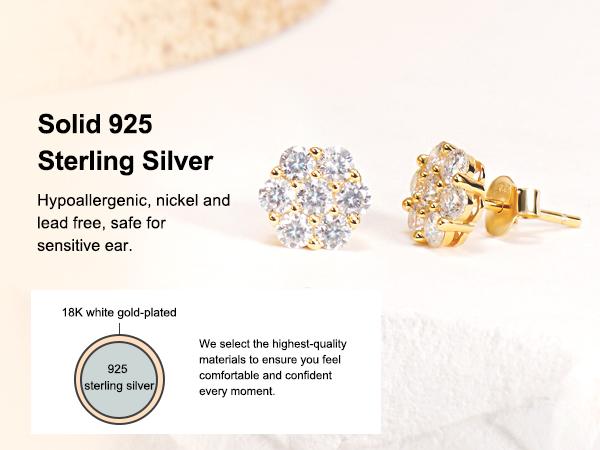 Delzzad 18k Gold-Plated Flower Stud Earrings D Color VVS Synthetic Moissanite Stud Earrings Screw Back/Butterfly Back S925 Studs Birthday Anniversary Mother's Day Christmas Gifts for Men Women Studearrings