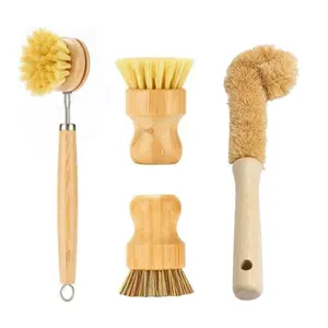 4-pcs wooden handle dishwashing brush set, household kitchen cleaning brush, suitable for flat bottomed pans and bottles