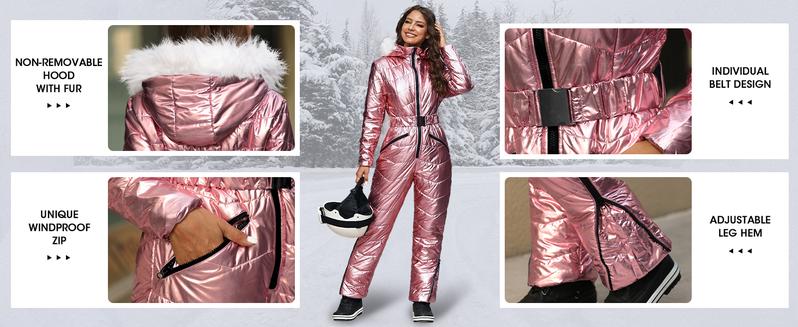 FISOEW Women's Winter Ski Suit Fur Collar Coat Ski Jumpsuit Snowsuit Warm Waterproof One Piece Jacket Jumpsuit for Skiing & Winter Activities - Workout Clothes