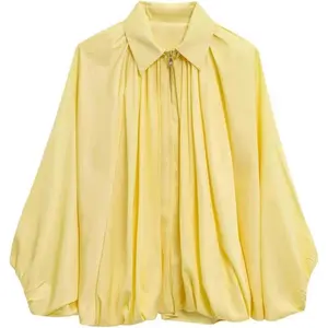 Women's Puffed Bomber Jacket Oversized Lapel Collar Streetwear Coat Long Casual Batwing Sleeve Zip Pleated Shirts