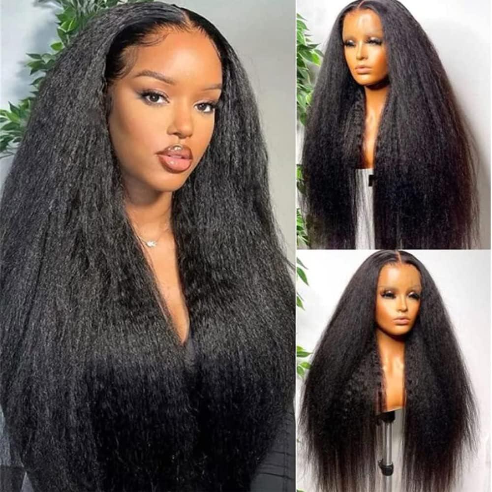 Bling Hair 180 Density Kinky Straight Glueless 360 Lace Frontal Wigs for Black Women 13x6 HD Lace Frontal Wig Preplucked Natural Black Color Soft Healthy Full Density