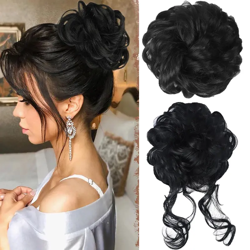 2PCS Large Messy Hair Bun Wavy Curly Scrunchies Synthetic Chignon Ponytail Hair Extensions Thick Updo Hairpieces for Women Girl Party Black