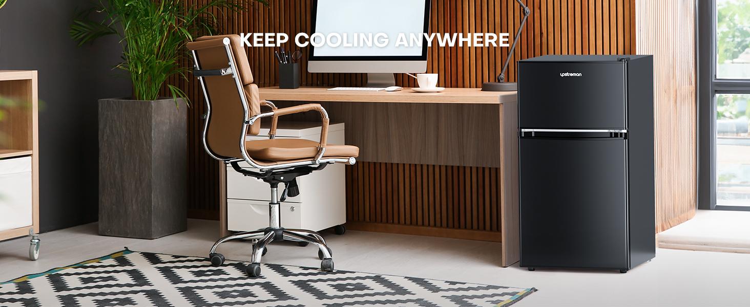 Upstreman mini fridges 3.2 Cu.Ft with Freezer Double Door Adjustable Thermostat Stainless-SD321/BD321 Quiet Efficient LED Light Removable Shelves Crisper Drawer for Dorm Office Bedroom