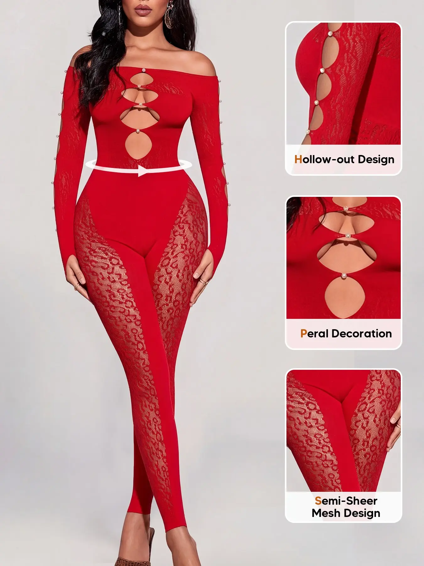 Women's Feminine Leopard Print Jumpsuit Cutout Bodysuit, Pearl Decoration on Sleeves, Semi-Sheer Lace Mesh, Hollow-Out Design, Breathable & Sexy Romper, Bodysuit Clothes