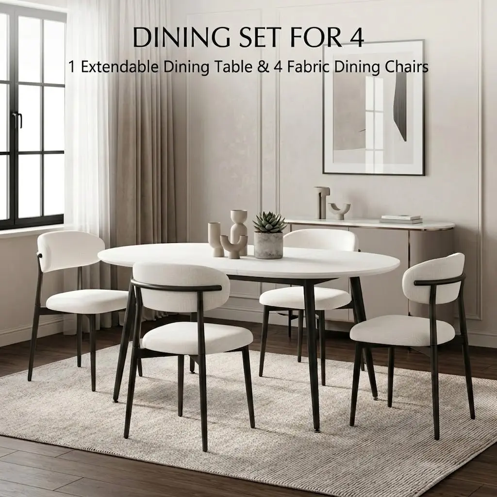 Contemporary 5-Piece Extendable Round Dining Table Set (3 Packages Shipped) - White MDF & Metal Table, 4 Beige Fabric Chairs, Telescopic Top, Space-Saving, Easy Assembly, Furniture for Home Kitchen Dining Room (For 4 Guests)