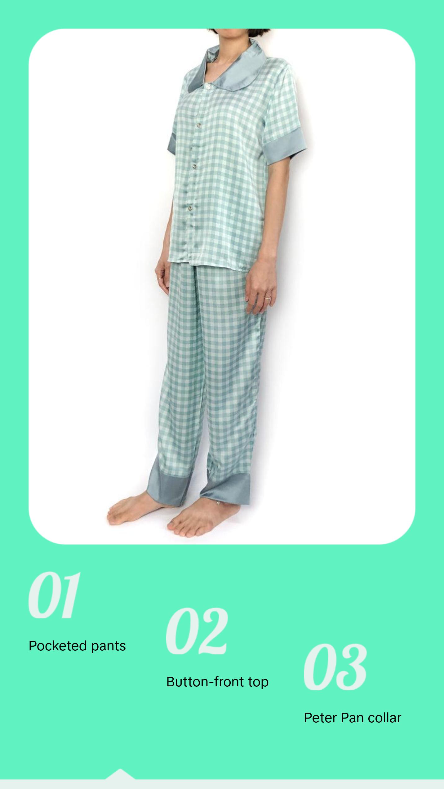 Blue Peter Pan Collar Grid Pajama Set