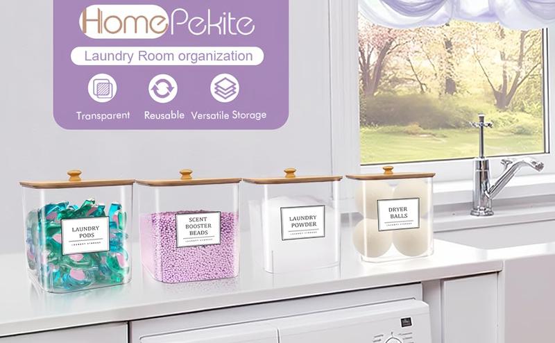 Laundry Pods Storage Container with Wooden Lids & Labels for Detergent Powder, Scent Booster for Laundry Room Organization, Clear, 3+1 Pack,Valentine's Day Gifts for Girlfriend Women