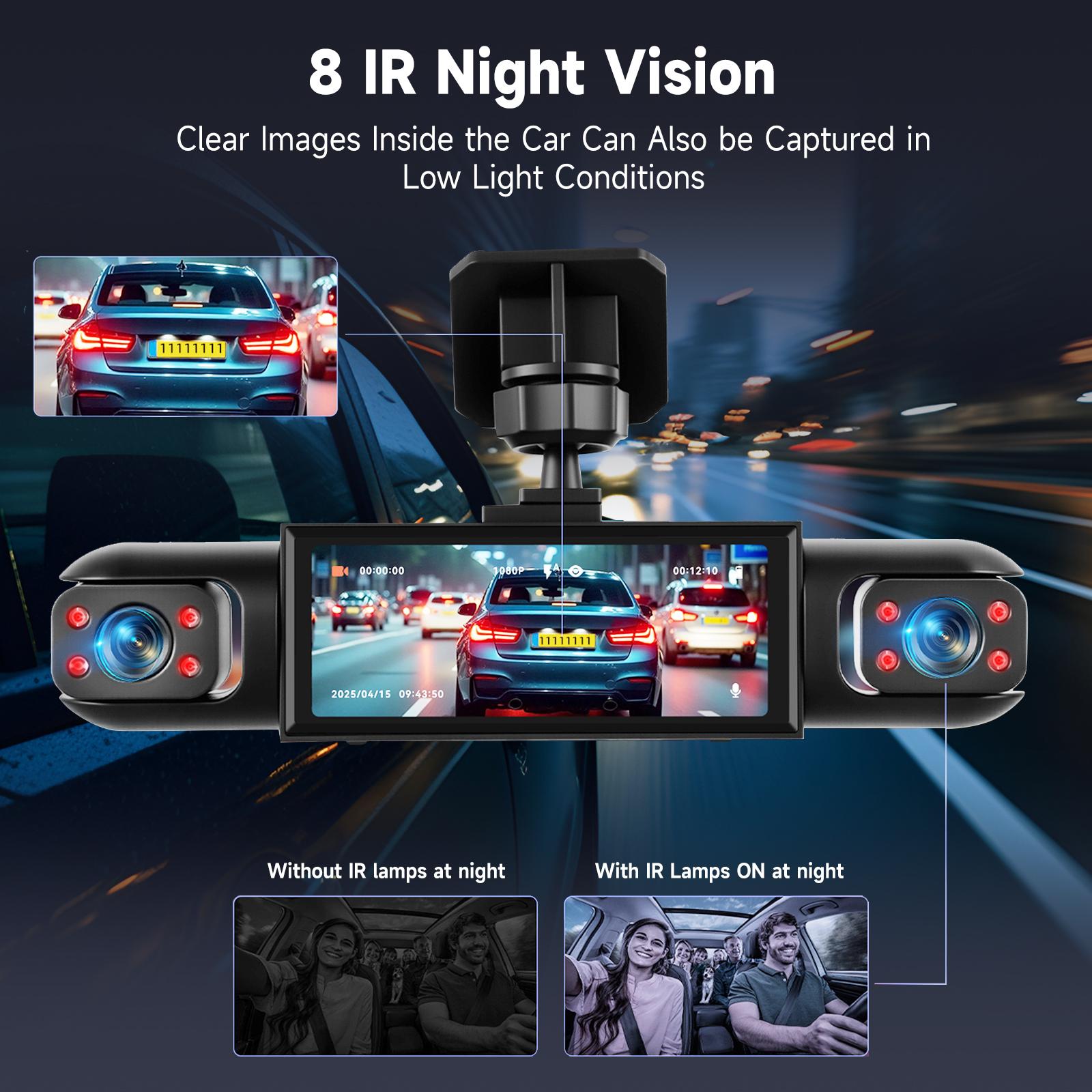 360 Degree View 4 Channel Dashcam, 1 Count Dash Camera for Car, Wide Angle Car Driving Recorder with 8 IR Night-Vision, 3.16 Inch IPS Screen 1080P HD Camera with Dual Lens