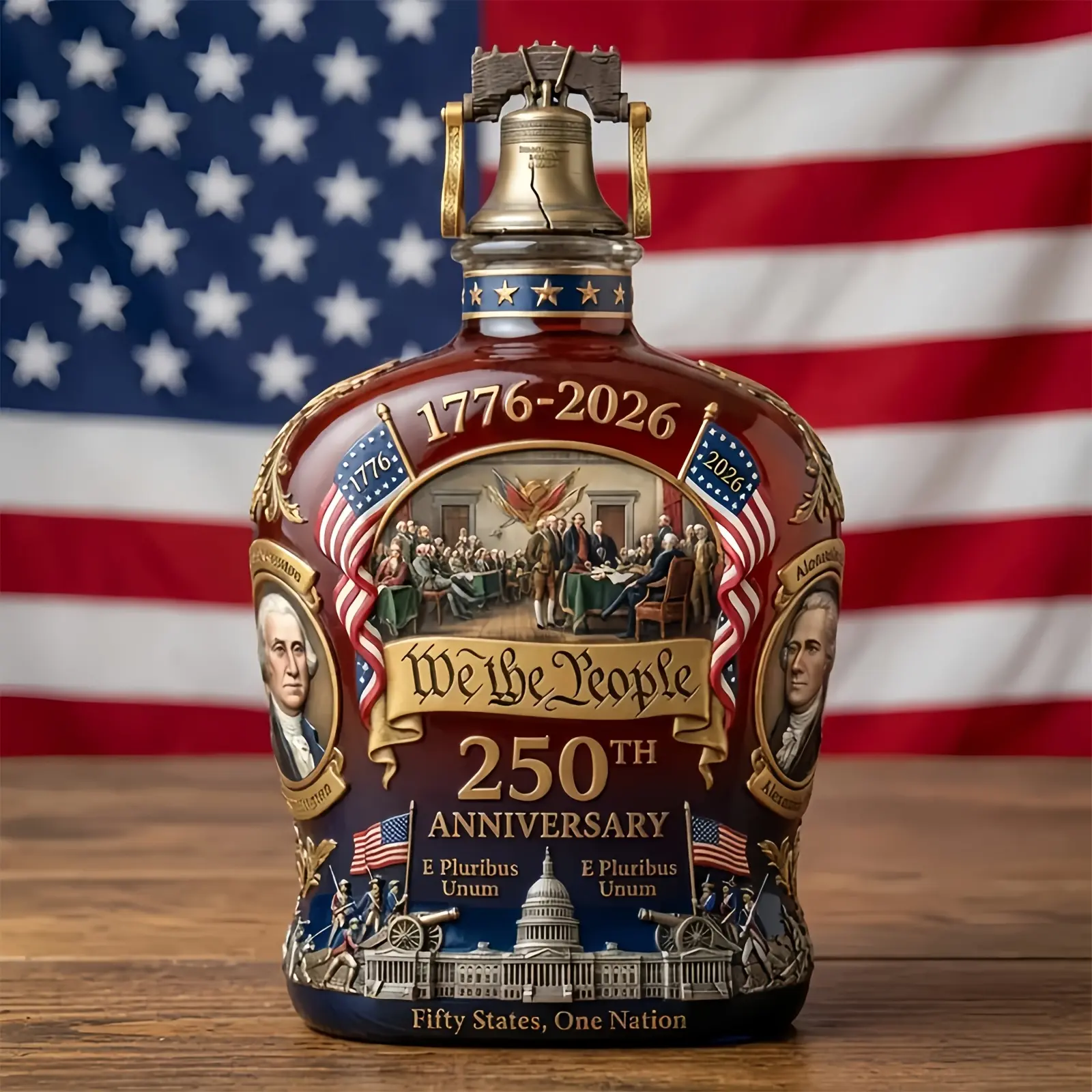 American USA 250th Anniversary Celebration Premium Glass Whiskey Decanter, 1776-2026 Collectible Decorative Flask, Corrosion-Resistant, Rust-Resistant Durable Bar Utensil