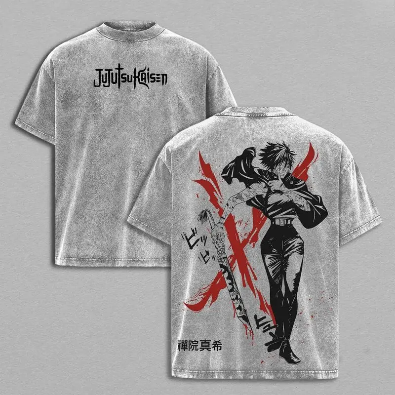 Menswear Sukuna T-Shirt - Vintage Washed Jujutsu Kaisen Inspired Classic Short Sleeve Apparel, Dark Curse Power Anime Graphic, Oversized Streetwear, Soft Cotton Unisex Casual Top, Anime Fan Signal Gift, Shortsleeve, Casual Fit, Relaxed, Anime Style