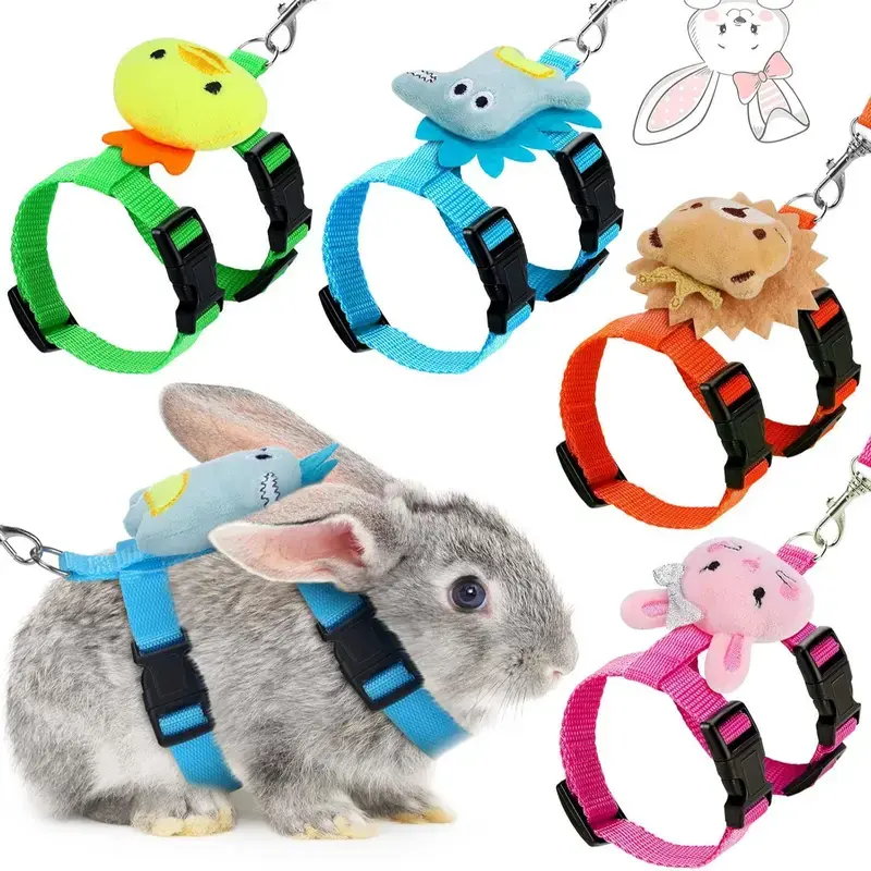 4 Sets Adjustable Cute Bunny Vest Harness and Leash Set, Fruit Decor Small Pet Walking Lead, Escape Proof Breathable Vest for Rabbit Ferret Guinea Pig Kitten Puppy, Outdoor Daily Walking Small Animal Supplies