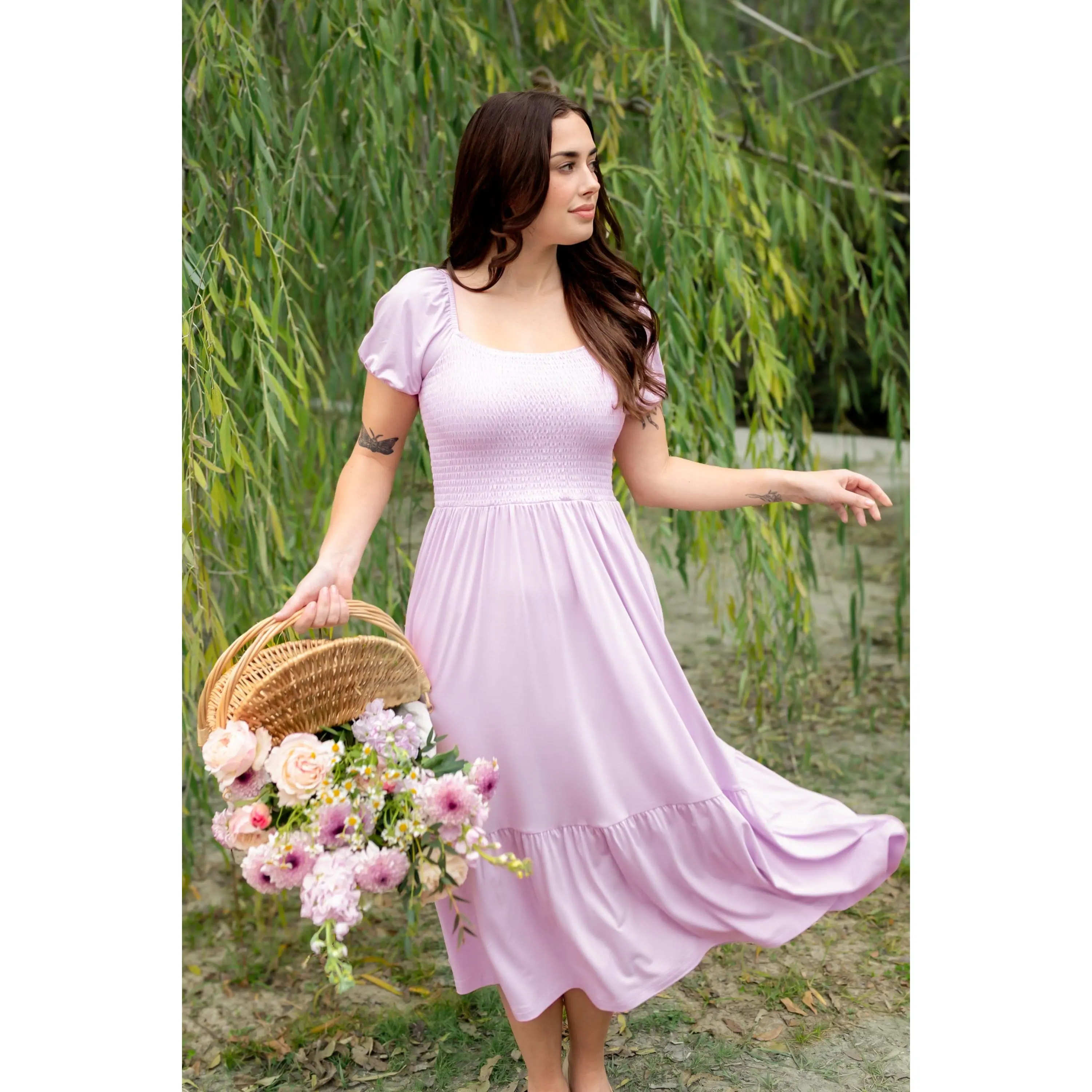Women's Dreamy Flowy Dress with a Smocked Bodice and Feminine Puff Sleeves, Soft Bamboo Spandex with Ruffle Hem for Matching Outfits, Dream, Rayon, Comfortable, Casual Wear, 97% Rayon Made From Bamboo, All Occasions
