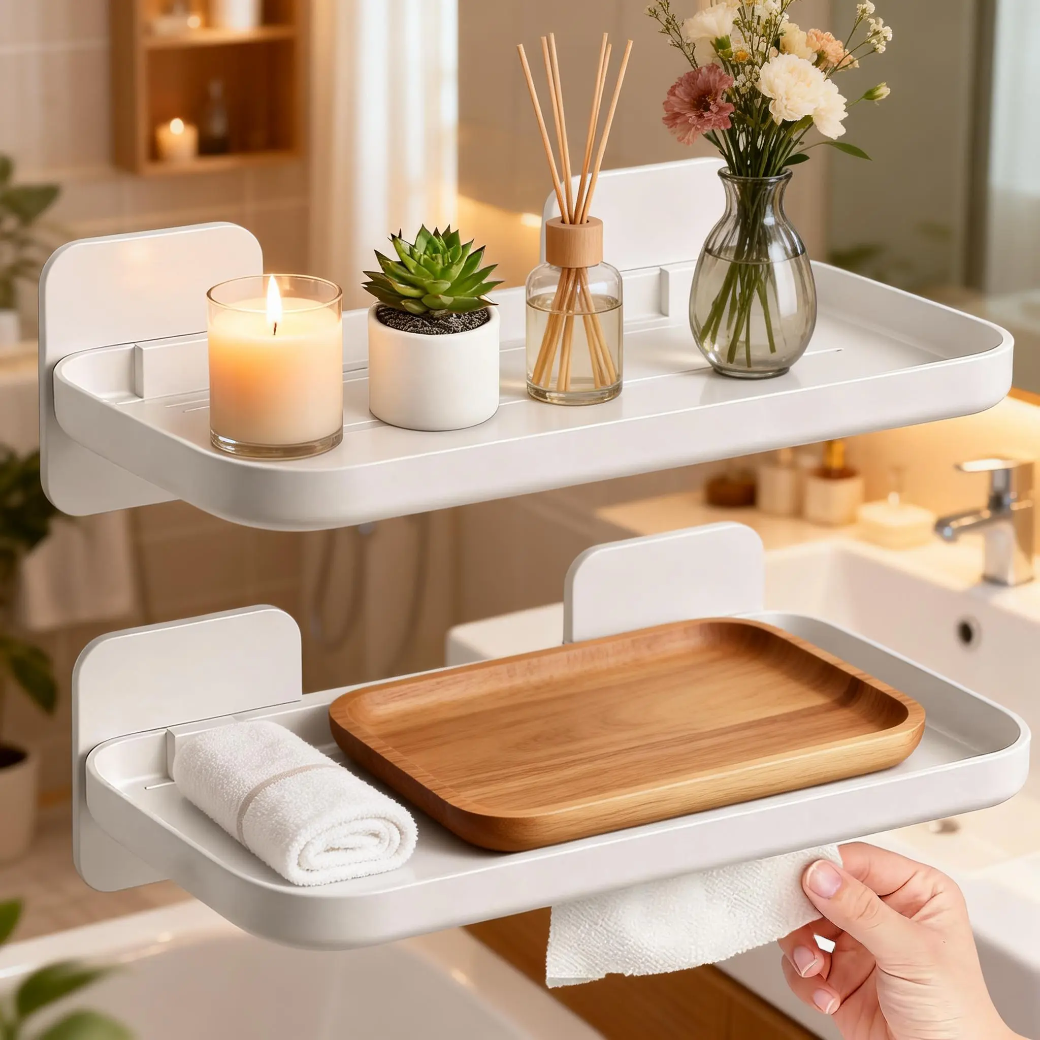 Plastic Sticky Wall Mount Floating Shelf - Heavy-Load Moistureproof Storage Solution for Kitchen, Bathroom, Home Supplies Decor