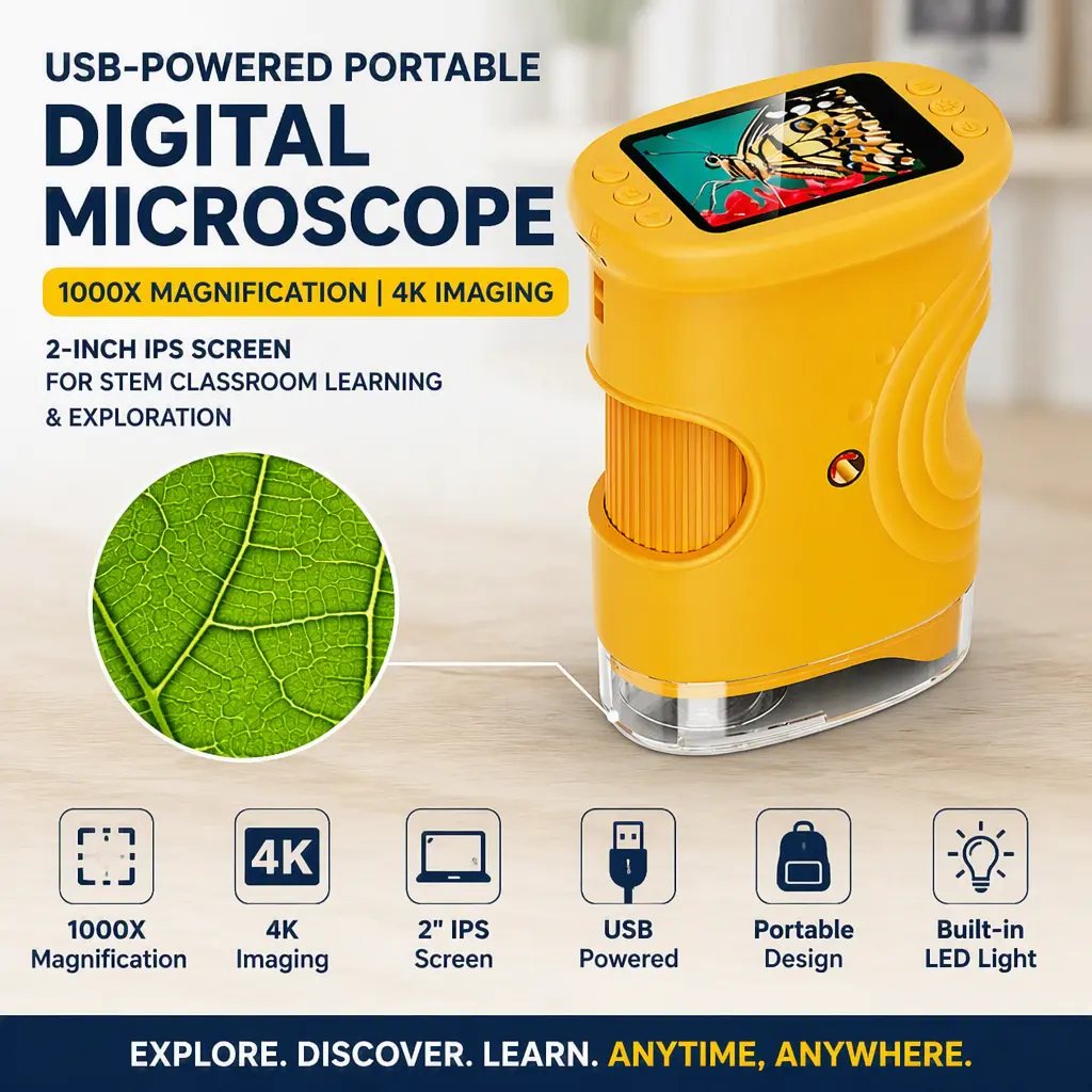 4K Digital Handheld Microscope 1000X, 2‑inch IPS Screen, USB‑Powered Portable Educational Tool for Kids Student Science Study