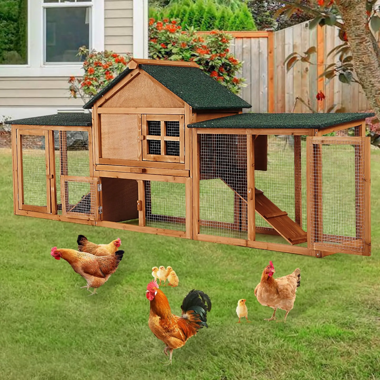 GARVEE Large 80in Wooden Rabbit Hutch - Wooden Kennel, Outdoor Chicken Coop Enclosure, Poultry Habitat Cage with Double-Side Runs, Weatherproof Roof, Removable Tray, Ramps (40.78 lbs, for Bunnies, Guinea Pigs)