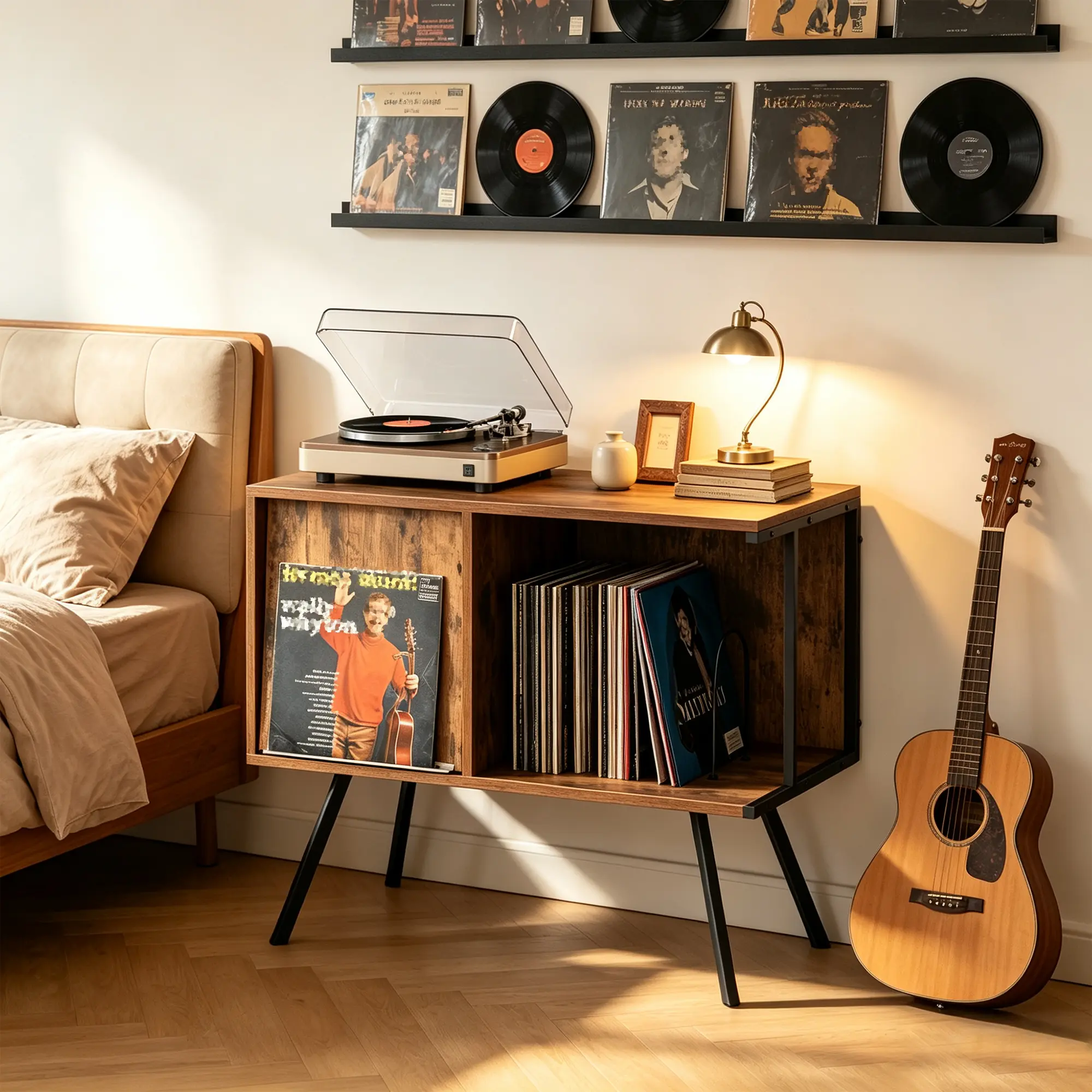 Soges Vintage 31.5” Record Player Stand with Flip-Top Lid, Vinyl Record Storage Cabinet with U-Shaped Dividers, Black Metal Legs, Mid-Century Modern Media Console Table for Turntable, Books & Decor