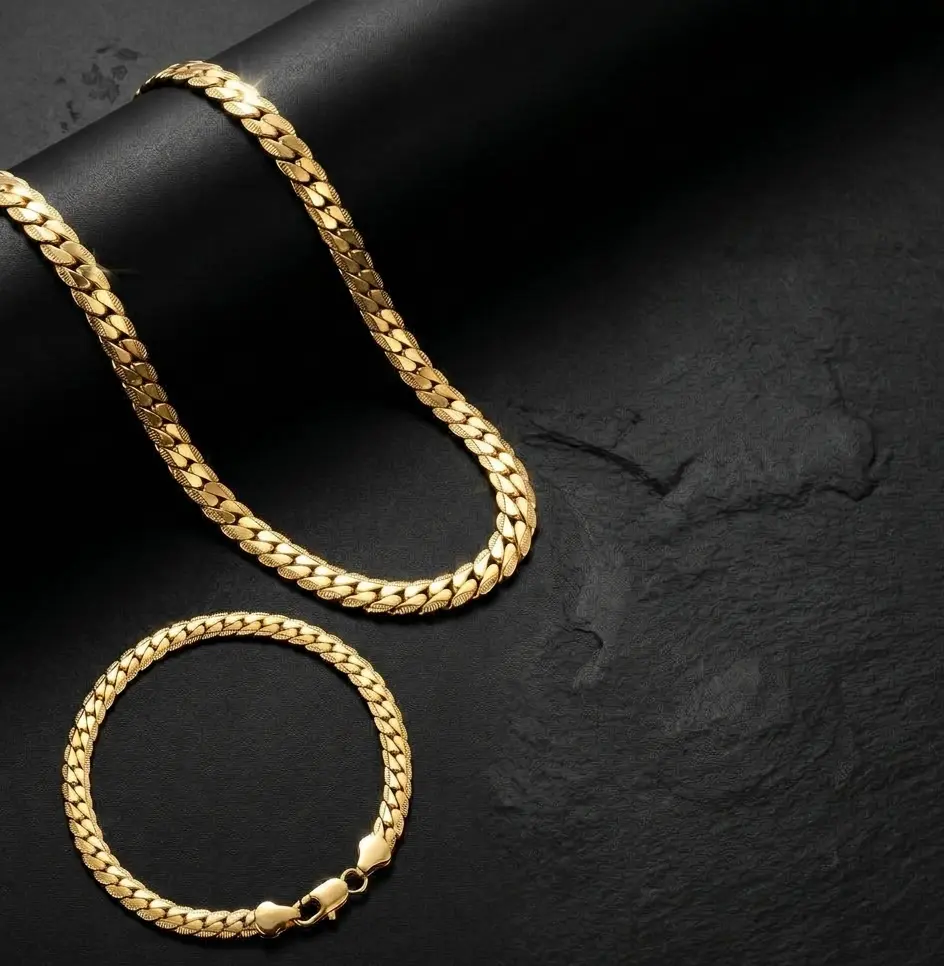18K Gold Plated Cuban Link Chain Necklace and Bracelet Set for Men Heavy Flat Curb Hip Hop Jewelry Tarnish Resistant Streetwear Gift
