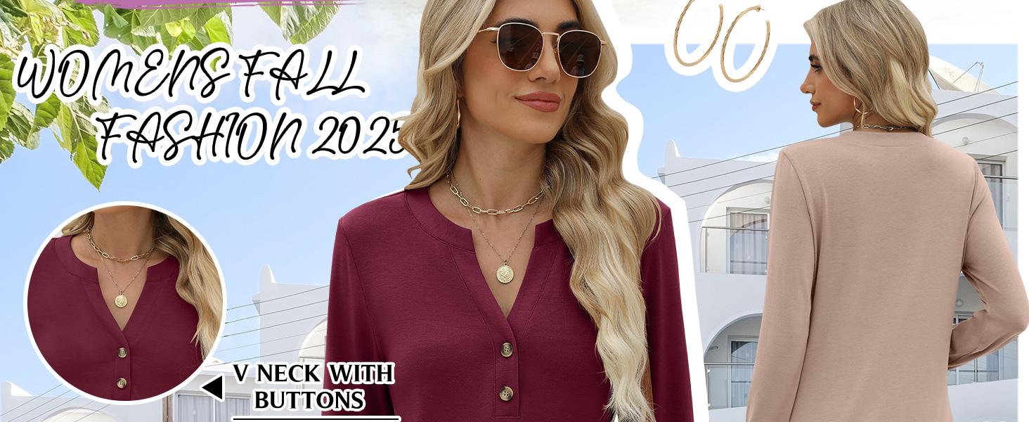 ANRABESS Womens Long Sleeve Henley Tops V Neck Dressy Casual Loose Fit Shirts Fall Flowy Blouses 2025 Trendy Clothes