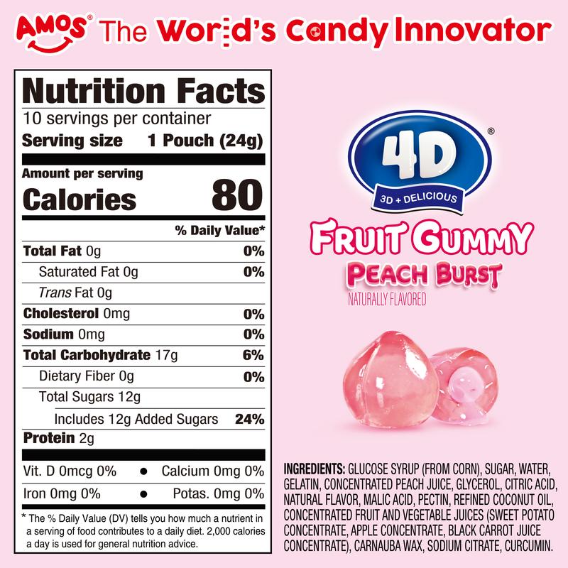 AMOS 4D Fruit Gummy - New Lemon Explosion 240g Bulk Pack Juicy Peach Strawberry Grape Pineapple Lemon Chewy Sweet Candy Fruit Snack Gluten Free Real Juice - Candy