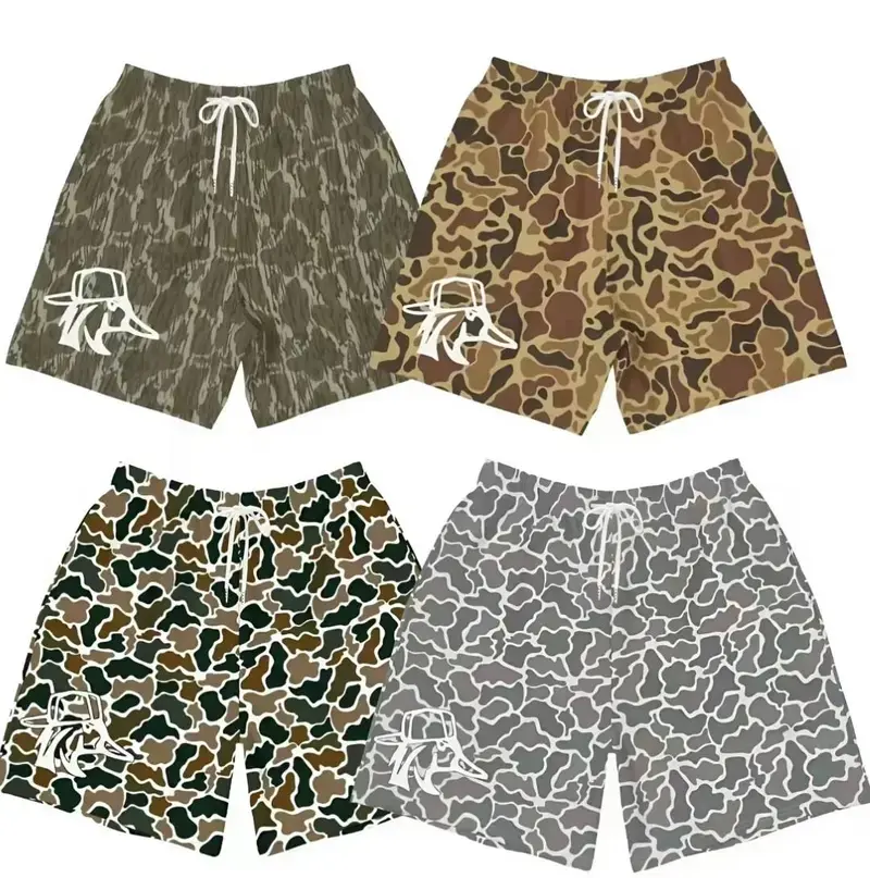 Duck Backwards Hat Men’s Camouflage Shorts, Hunting Camo Athletic Gym Shorts with Elastic Waistband, Lightweight Breathable Outdoor Running Shorts, Versatile Summer Wear, Gift for men