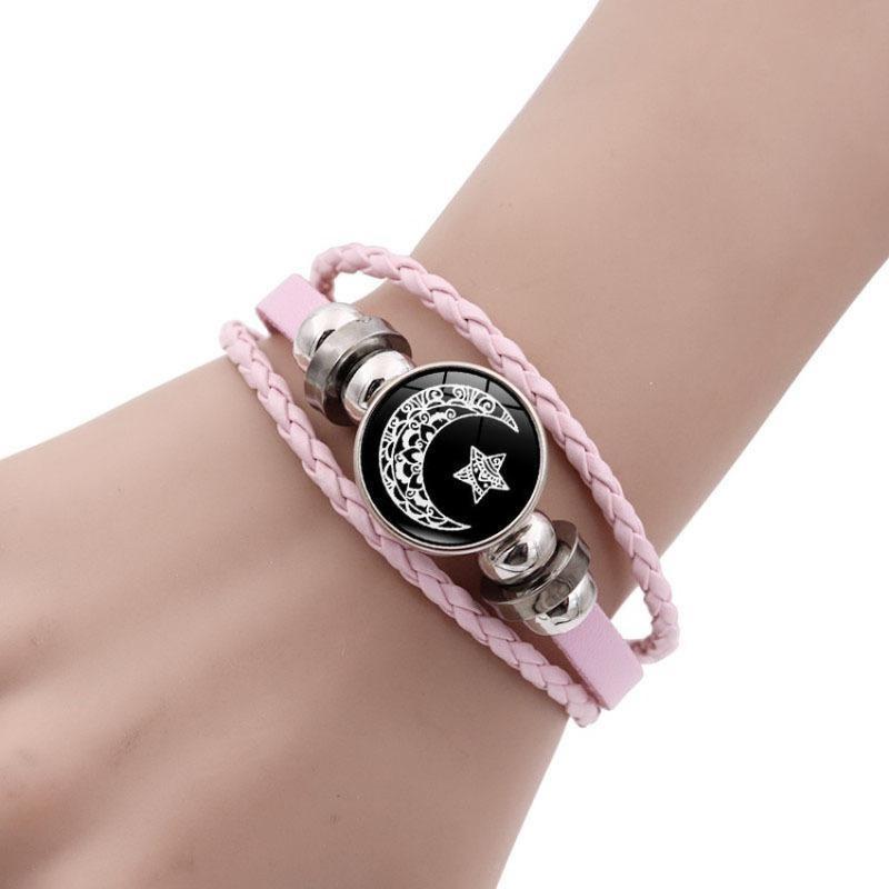 Sun & Moon Lovers Leather Bracelet Vintage Punk Multi-Layer Beaded Woven Design Couple Gift with PU Leather and Glass Accents